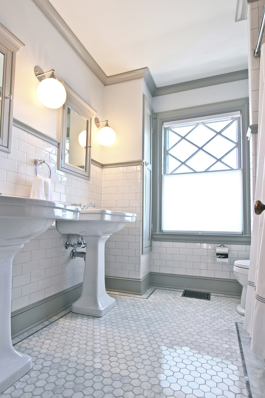QUARTER design studio | Victorian Bathroom | Melrose, MA – marble hex floor with subway tile and grey trim moulding